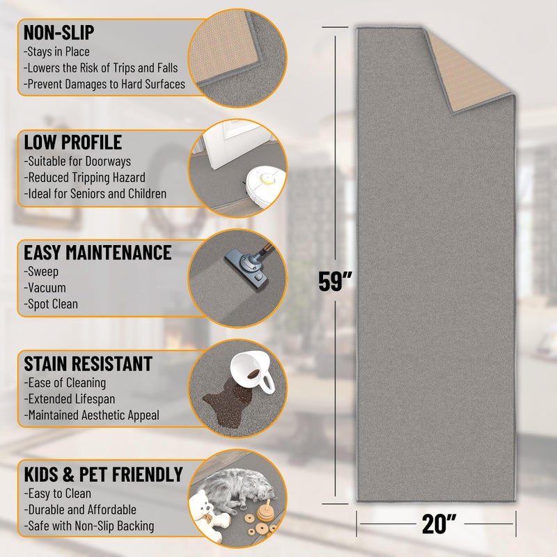 Ottomanson Hallway Runner Rug 20" x 59" Non Slip Solid Area Rugs Easy to Clean Laundry Rug Runner Durable & Pet Friendly Floor Carpet Runners for Hallways Entryway Living Room Kitchen, Gray - Image 2